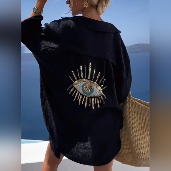 Tops - Black Evil Eye Embroidered Kimono Cover Up Beach Cardigan Lightweight NWOT